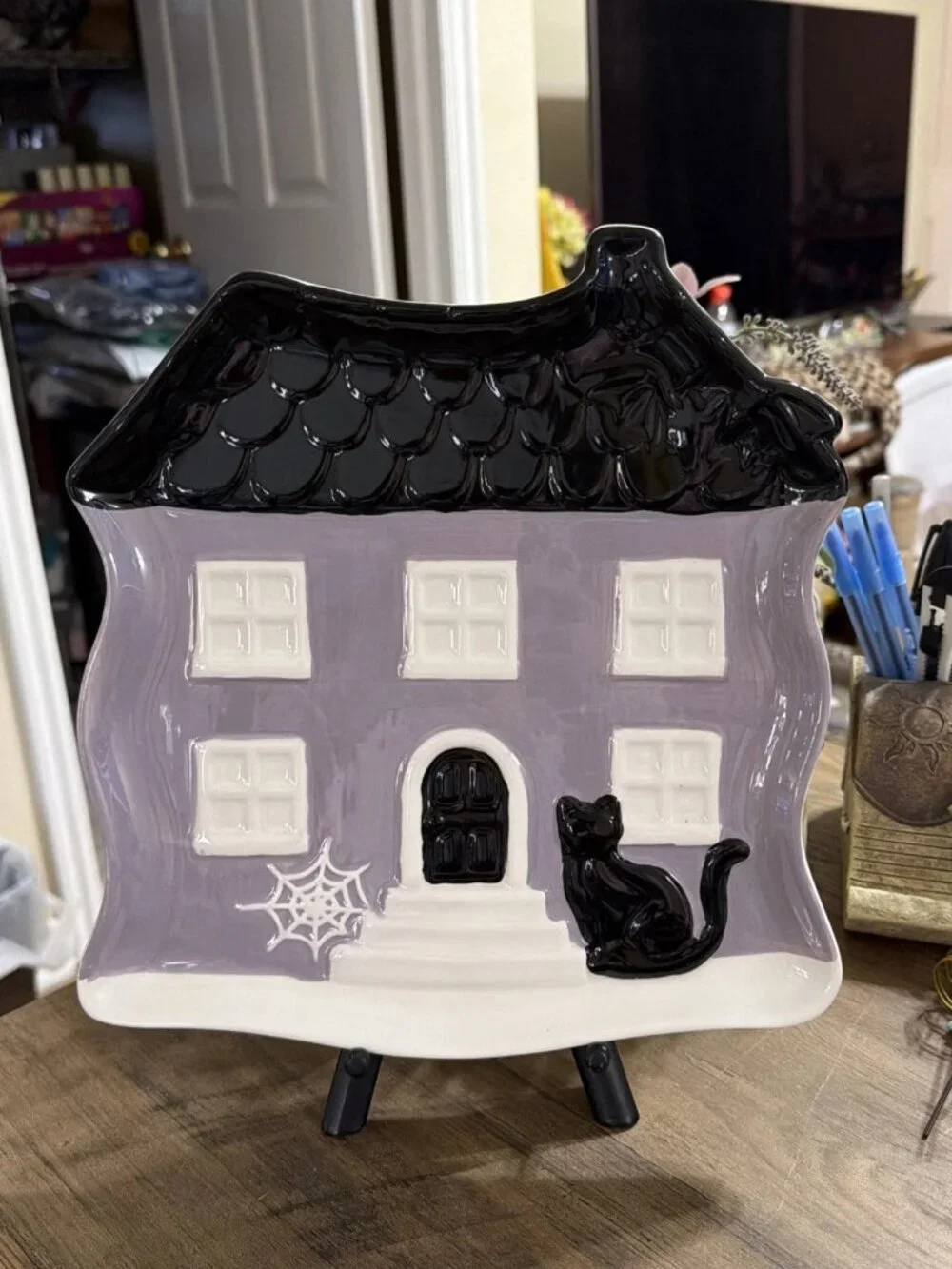 Black & Purple Ceramic Haunted House Serving Plate, Black Cat & White Spiderweb
